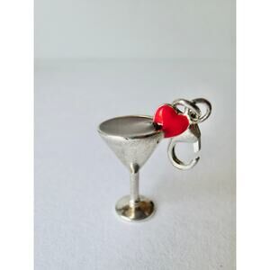 Quality Gold QG Sterling Silver 925 Martini Glass Charm Red Enamel Heart 1.15”